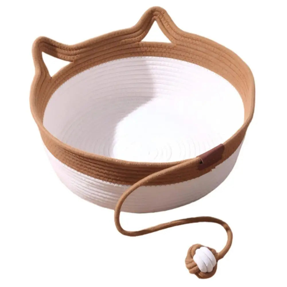 Caramel Handwoven Cat Bed Cotton Rope Basket with Toy Ball Durable Scratchable Resting Nest for Kittens Indoor Cats
