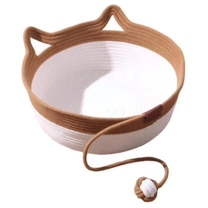 Caramel Handwoven Cat Bed Cotton Rope Basket with Toy Ball Durable Scratchable Resting Nest for Kittens Indoor Cats