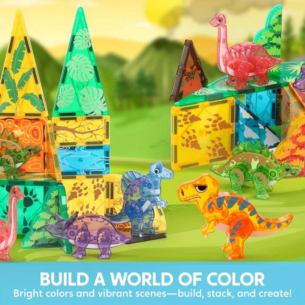 JOYFY 50Pcs Magnetic Building Tiles Dinosaur Set for Kids Christmas Birthday Gift 5 Cute Dinosaurs Educational STEM Toy