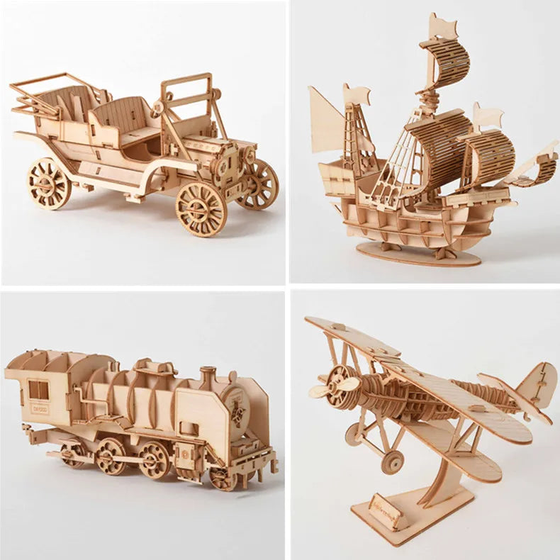 DIY 3D Wooden Puzzle for Assembly Puzzle Laser Cutting Sailing Ship Biplane Steam Locomotive Train Toy DIY Kit for