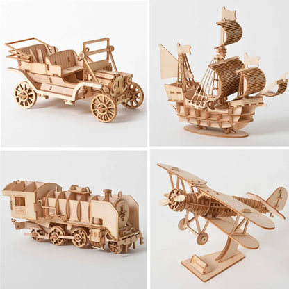 DIY 3D Wooden Puzzle for Assembly Puzzle Laser Cutting Sailing Ship Biplane Steam Locomotive Train Toy DIY Kit for
