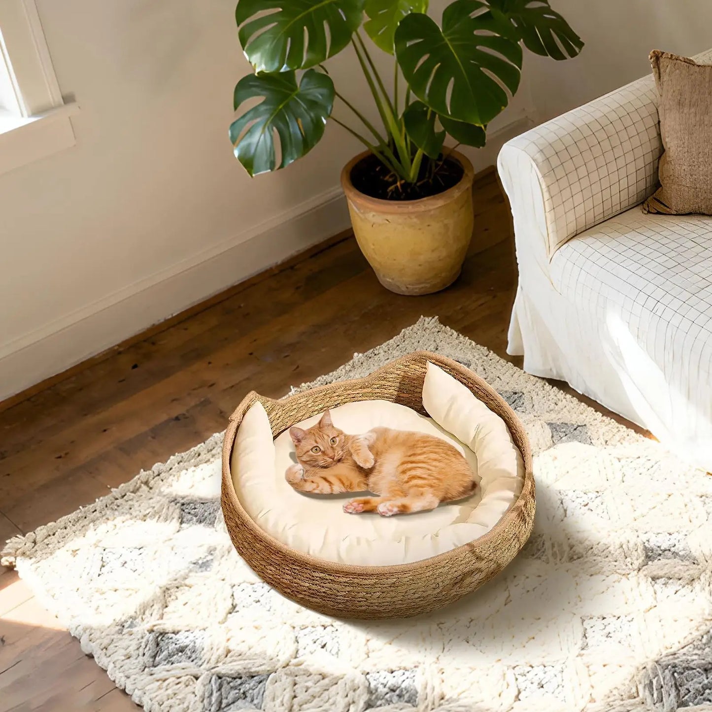 Cat Basket Bed Cotton Rope Round Bed for Cat Sleep with Pillow All Season Indoor Weaving Pet Resting Scratching Sleeping