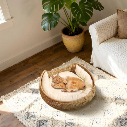 Cat Basket Bed Cotton Rope Round Bed for Cat Sleep with Pillow All Season Indoor Weaving Pet Resting Scratching Sleeping