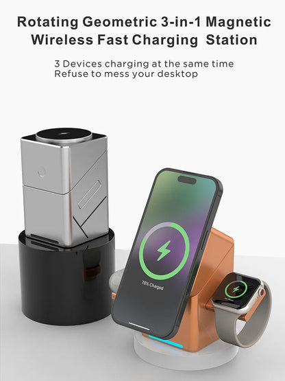 2025 Desktop Portable  Qi2 Phone Wireless Fast Charging Stand Magnetic Foldable 3 in 1 Cube Wireless Charger Dock