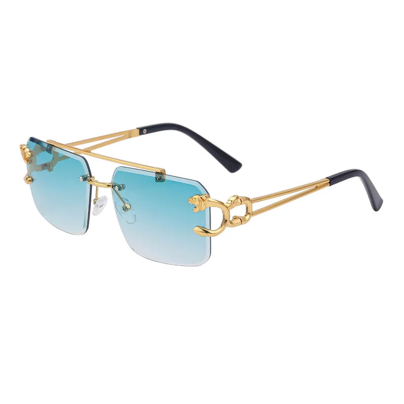 Fashion Metal Leopard Rimless Sunglasses – UV400 Double Bridge Gradient Shades for Men & Women