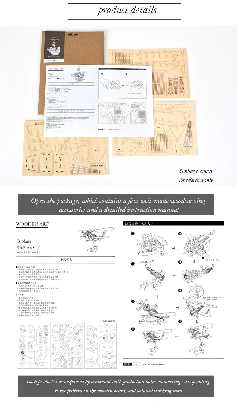 DIY 3D Wooden Puzzle for Assembly Puzzle Laser Cutting Sailing Ship Biplane Steam Locomotive Train Toy DIY Kit for