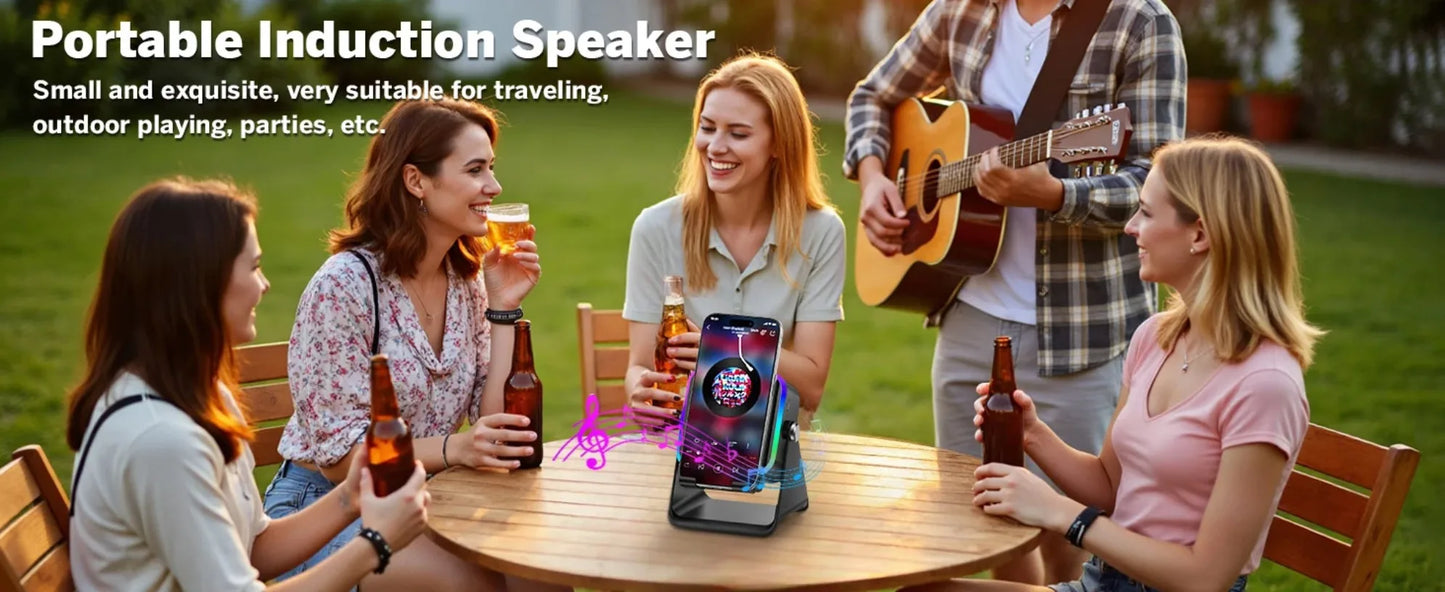 5-in-1 Wireless Induction Speaker & Phone Holder – RGB Lights & HIFI Surround Sound