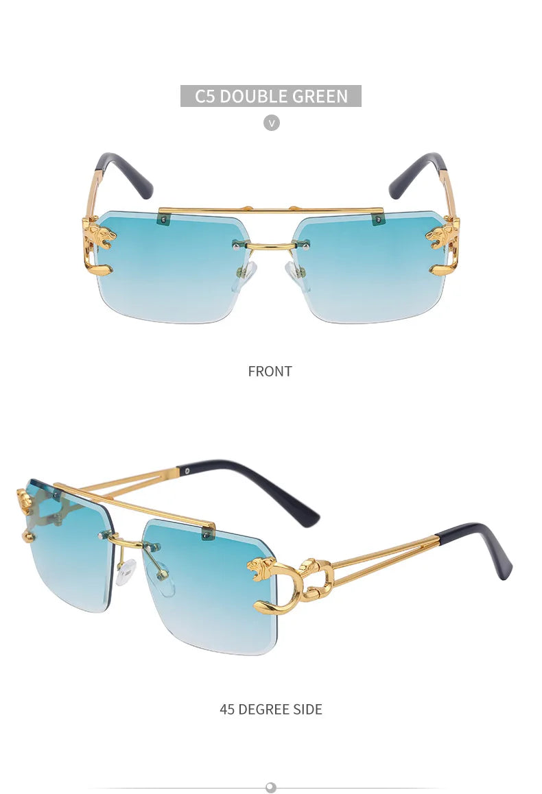 Fashion Metal Leopard Rimless Sunglasses – UV400 Double Bridge Gradient Shades for Men & Women