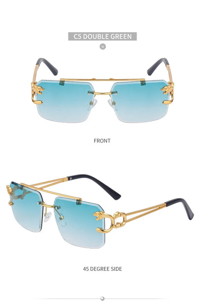 Fashion Metal Leopard Rimless Sunglasses – UV400 Double Bridge Gradient Shades for Men & Women