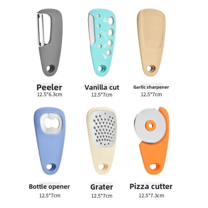 Kitchen Gadget Set – 6-Piece Pizza Knife, Vanilla Cutter, Bottle Opener, Shredder & Garlic Grinder