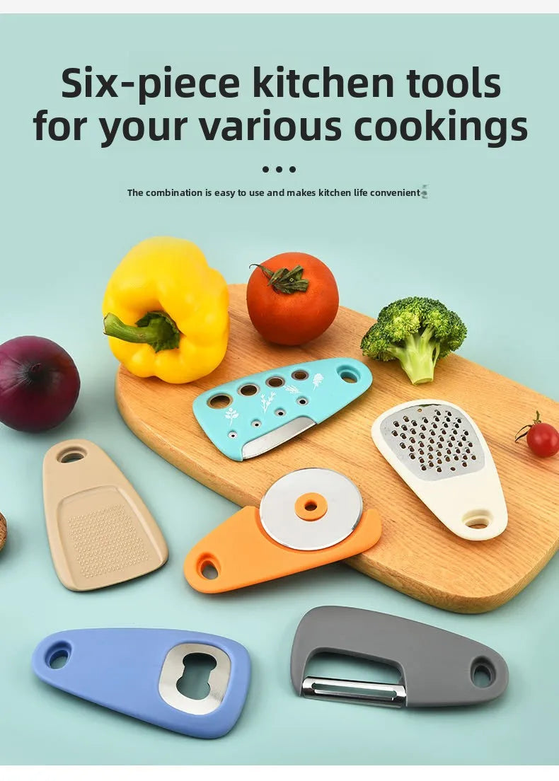 Kitchen Gadget Set – 6-Piece Pizza Knife, Vanilla Cutter, Bottle Opener, Shredder & Garlic Grinder