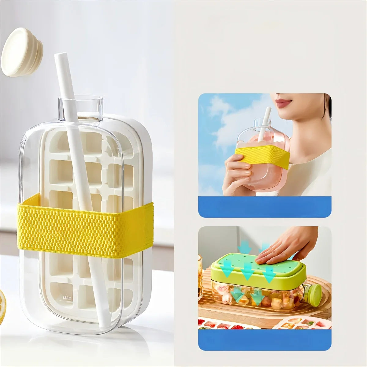 Ice Cube Bottle with Straw – Press & Release Ice Maker