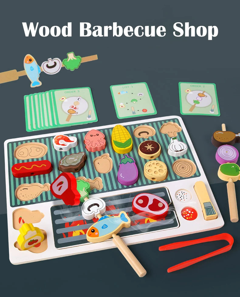 Wooden BBQ Grill Toy Set, Montessori Cooking Experience, Barbecue Simulation Food, Wooden Play House Toys, Gift for Kids