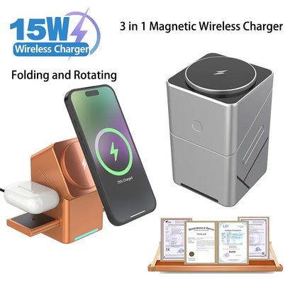 2025 Desktop Portable  Qi2 Phone Wireless Fast Charging Stand Magnetic Foldable 3 in 1 Cube Wireless Charger Dock
