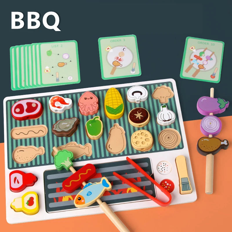 Wooden BBQ Grill Toy Set, Montessori Cooking Experience, Barbecue Simulation Food, Wooden Play House Toys, Gift for Kids