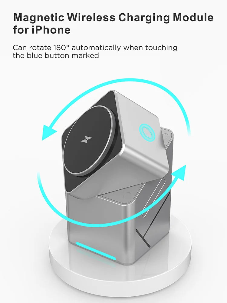 2025 Desktop Portable  Qi2 Phone Wireless Fast Charging Stand Magnetic Foldable 3 in 1 Cube Wireless Charger Dock