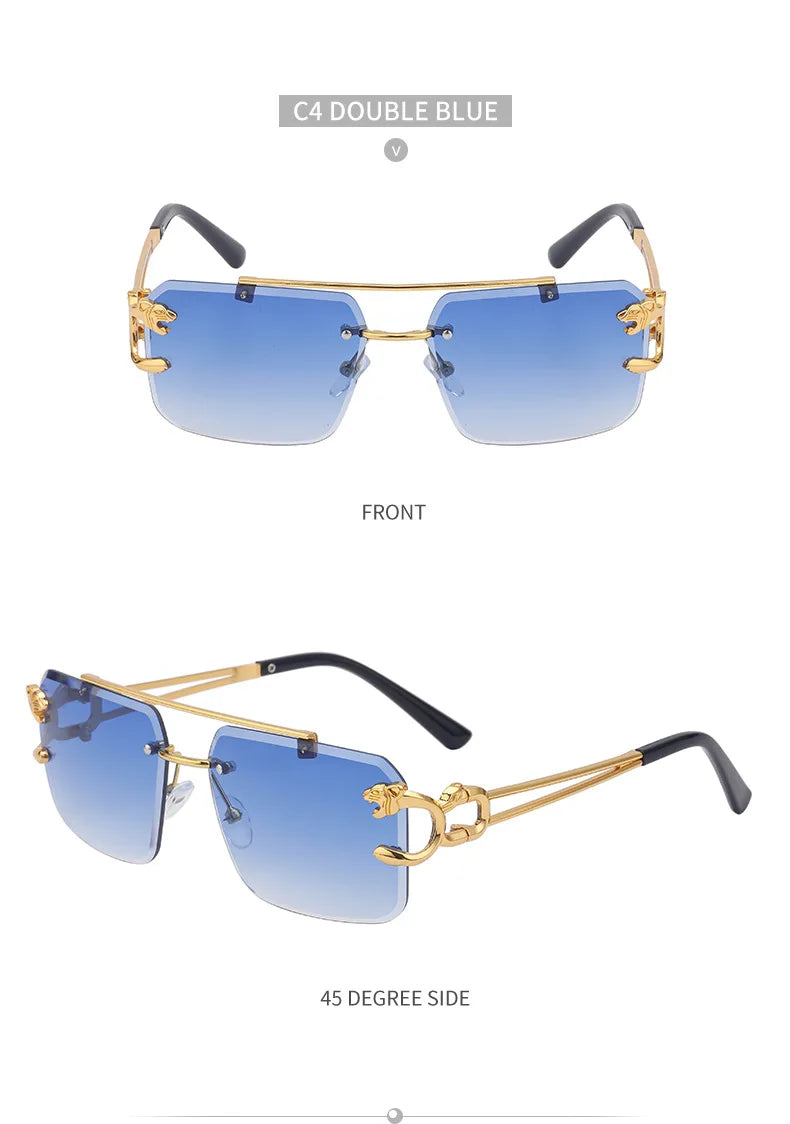 Fashion Metal Leopard Rimless Sunglasses – UV400 Double Bridge Gradient Shades for Men & Women