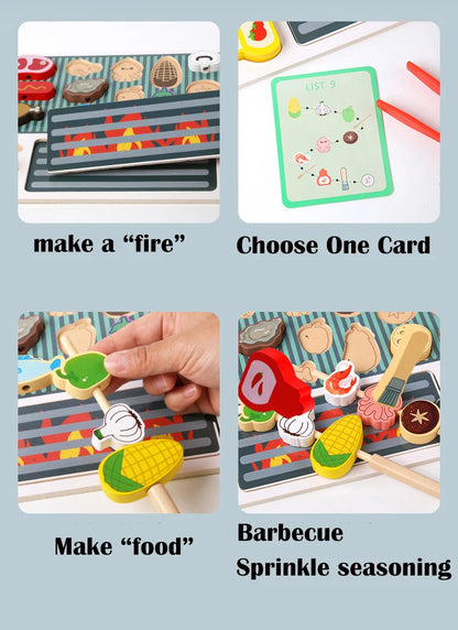 Wooden BBQ Grill Toy Set, Montessori Cooking Experience, Barbecue Simulation Food, Wooden Play House Toys, Gift for Kids
