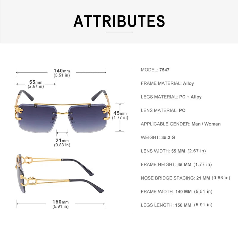 Fashion Metal Leopard Rimless Sunglasses – UV400 Double Bridge Gradient Shades for Men & Women
