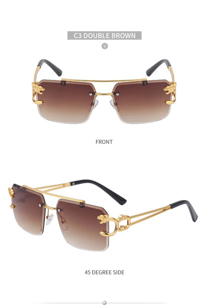Fashion Metal Leopard Rimless Sunglasses – UV400 Double Bridge Gradient Shades for Men & Women