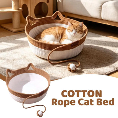 Caramel Handwoven Cat Bed Cotton Rope Basket with Toy Ball Durable Scratchable Resting Nest for Kittens Indoor Cats
