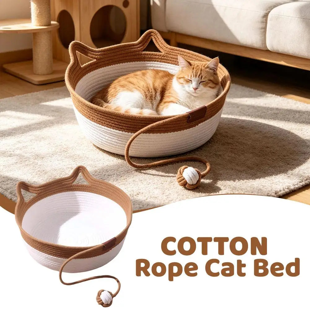 Caramel Handwoven Cat Bed Cotton Rope Basket with Toy Ball Durable Scratchable Resting Nest for Kittens Indoor Cats