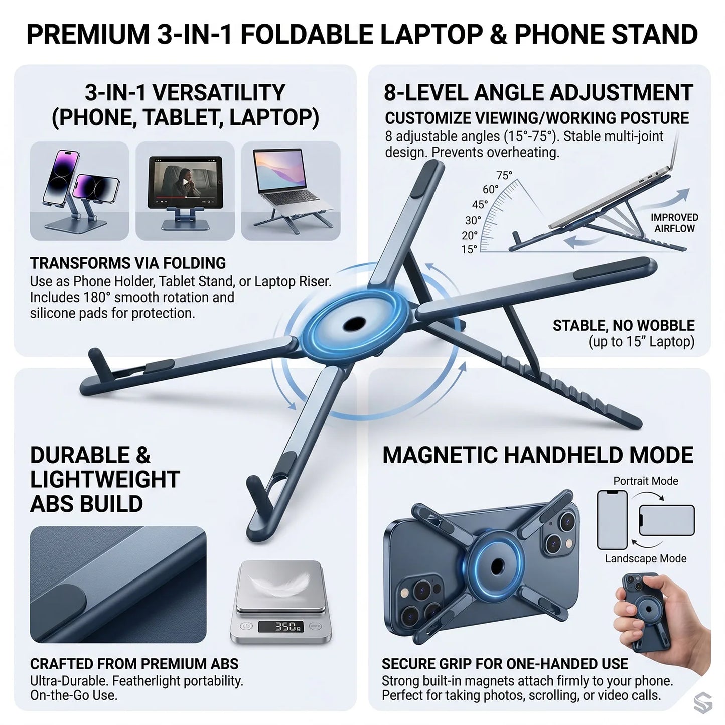 ABS 3 in 1 Portable Magnetic Phone Holder Selfie Multi-functional Stick Foldable Tripod Stand for iPhone iPad Tablet Laptop Desk