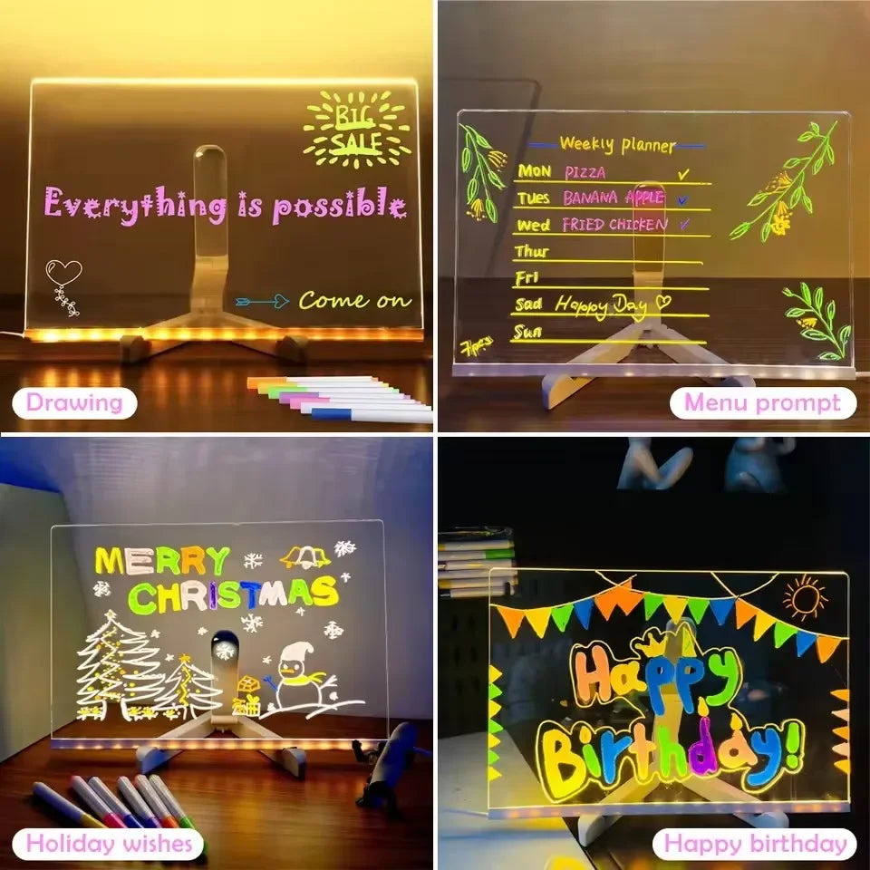 LED Drawing Board Acrylic Message Board Erasable USB Drawing Board Birthday Gift Advertising for Creative Activities with Stand