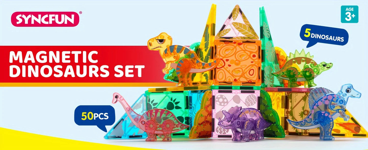 JOYFY 50Pcs Magnetic Building Tiles Dinosaur Set for Kids Christmas Birthday Gift 5 Cute Dinosaurs Educational STEM Toy