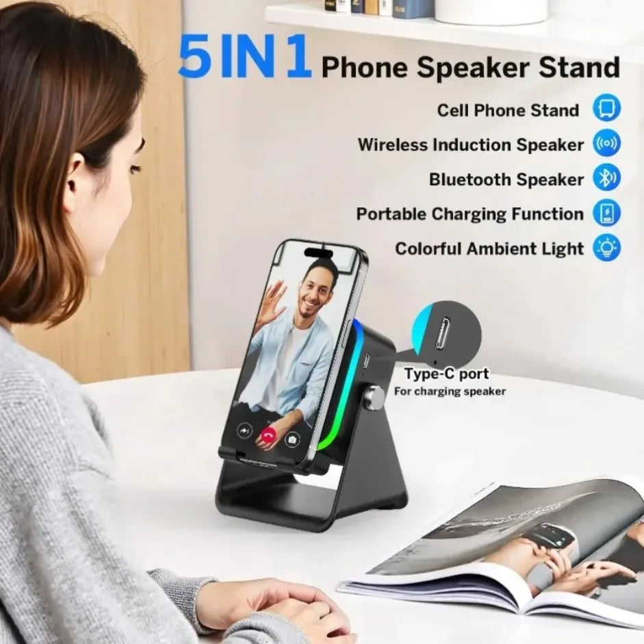 5-in-1 Wireless Induction Speaker & Phone Holder – RGB Lights & HIFI Surround Sound