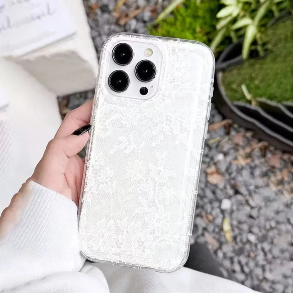 Elegant White Lace Pattern Clear Phone Case – Soft & Shockproof | iPhone 7 to 17 Pro Max, Air, SE, 16E
