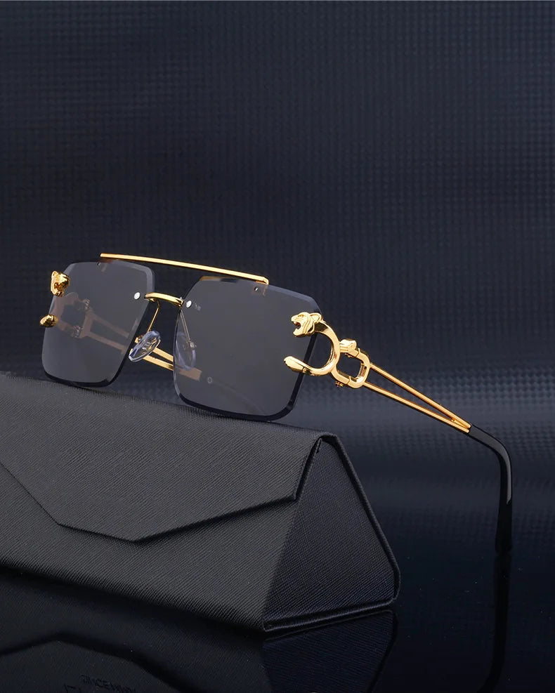 Fashion Metal Leopard Rimless Sunglasses – UV400 Double Bridge Gradient Shades for Men & Women