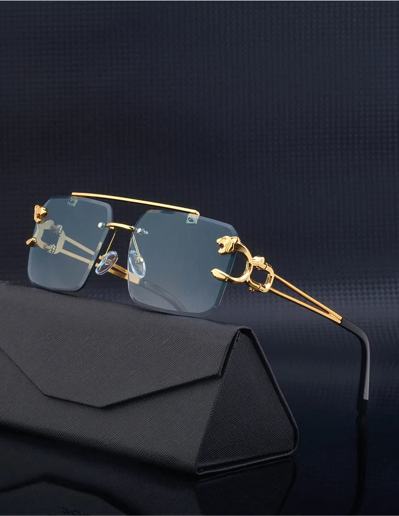 Fashion Metal Leopard Rimless Sunglasses – UV400 Double Bridge Gradient Shades for Men & Women