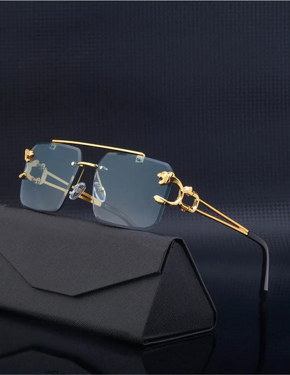 Fashion Metal Leopard Rimless Sunglasses – UV400 Double Bridge Gradient Shades for Men & Women