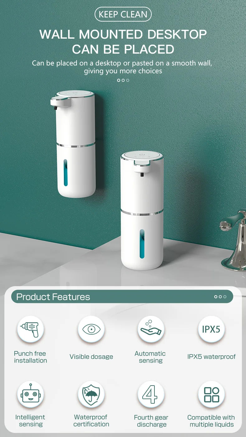 380ML Touchless Automatic Soap Dispenser – Foam & Gel, 4-Speed, IPX5 Waterproof