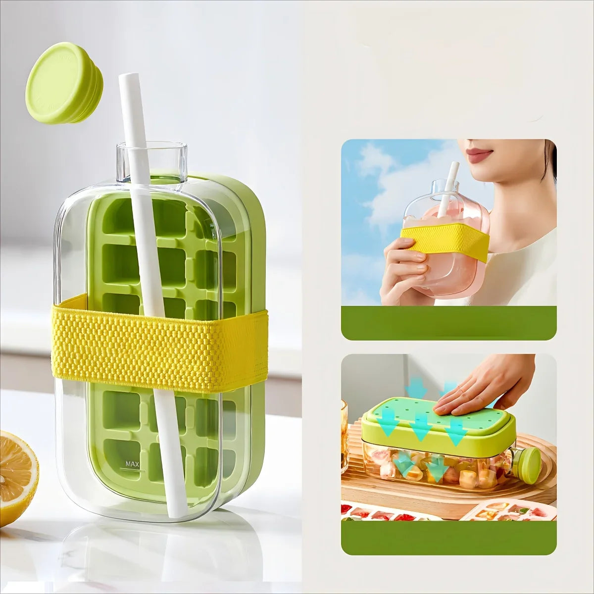 Ice Cube Bottle with Straw – Press & Release Ice Maker