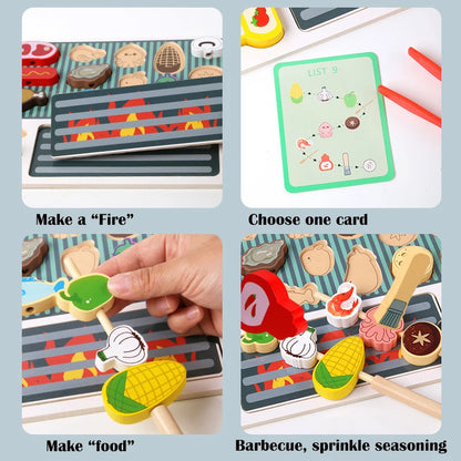 Wooden BBQ Grill Toy Set, Montessori Cooking Experience, Barbecue Simulation Food, Wooden Play House Toys, Gift for Kids