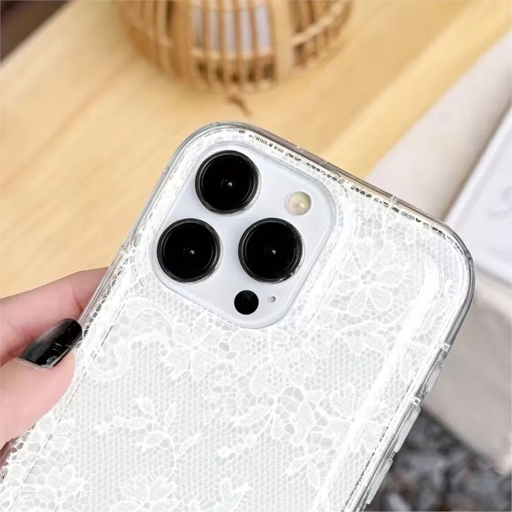 Elegant White Lace Pattern Clear Phone Case – Soft & Shockproof | iPhone 7 to 17 Pro Max, Air, SE, 16E