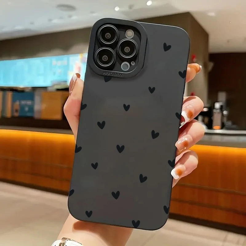 Black Love Heart Phone Case For iPhone 17 16E 16 15 14 11 Pro Max Air 12 13 XS XR X 8 7 Plus SE2 Shockproof Soft Silicone Cover