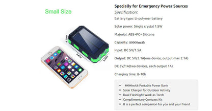 Solar Power Bank 80000mAh – Portable Charger with LED Light for All Smartphones