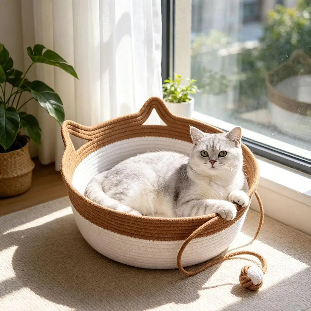 Caramel Handwoven Cat Bed Cotton Rope Basket with Toy Ball Durable Scratchable Resting Nest for Kittens Indoor Cats