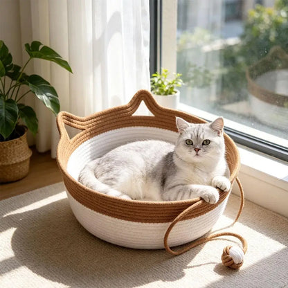Caramel Handwoven Cat Bed Cotton Rope Basket with Toy Ball Durable Scratchable Resting Nest for Kittens Indoor Cats
