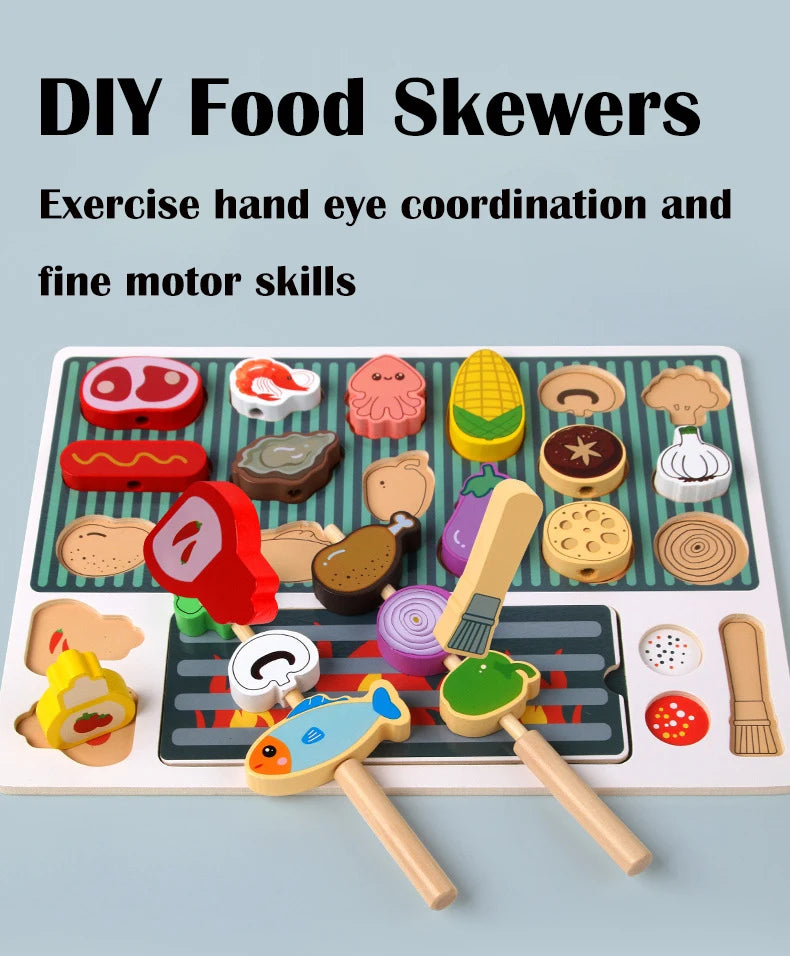 Wooden BBQ Grill Toy Set, Montessori Cooking Experience, Barbecue Simulation Food, Wooden Play House Toys, Gift for Kids
