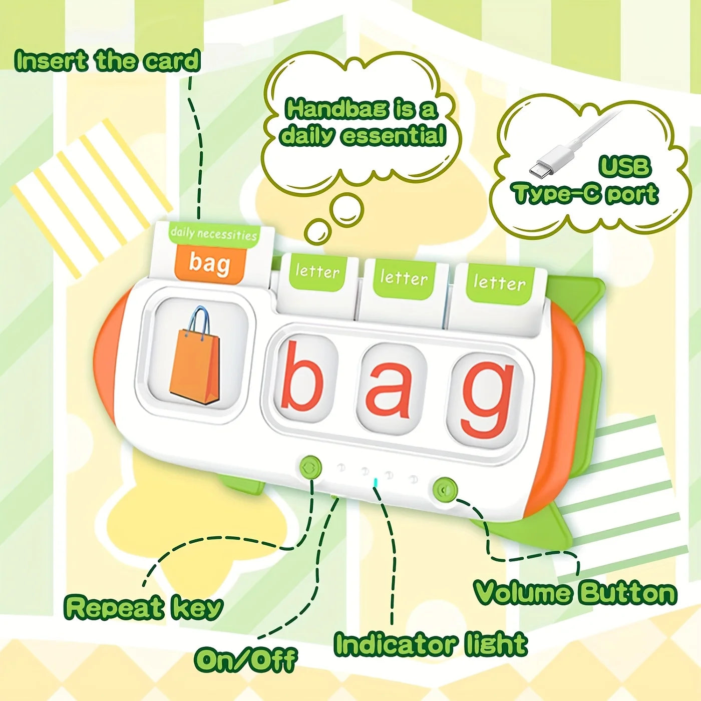 Kids Learning Flash Card Machine – English Spelling, Math & Music Early Education Toy with Sound Feedback – Rechargeable