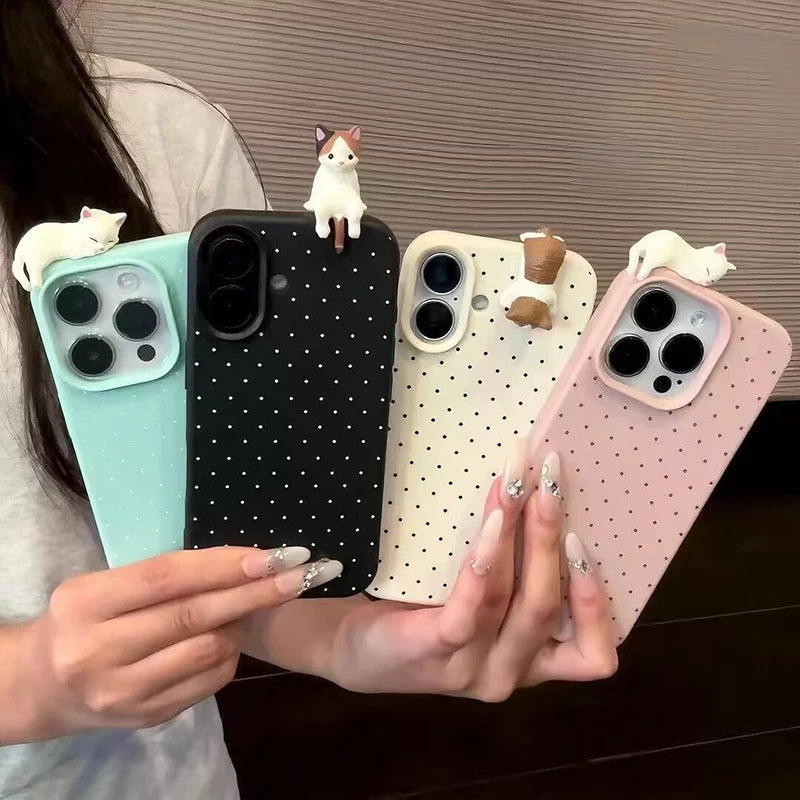 Korea Lovely Polka Dot 3D Cat Phone Case – iPhone 17 16 15 14 13 12 Series