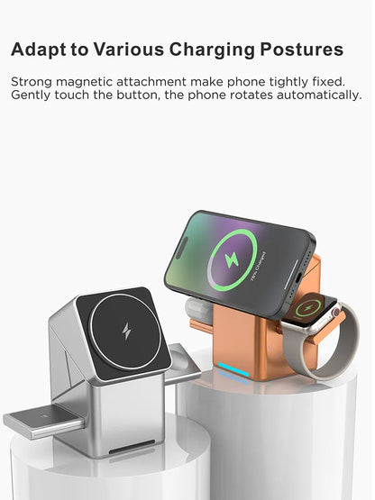2025 Desktop Portable  Qi2 Phone Wireless Fast Charging Stand Magnetic Foldable 3 in 1 Cube Wireless Charger Dock