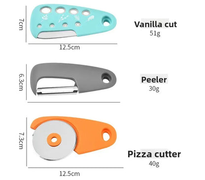 Kitchen Gadget Set – 6-Piece Pizza Knife, Vanilla Cutter, Bottle Opener, Shredder & Garlic Grinder