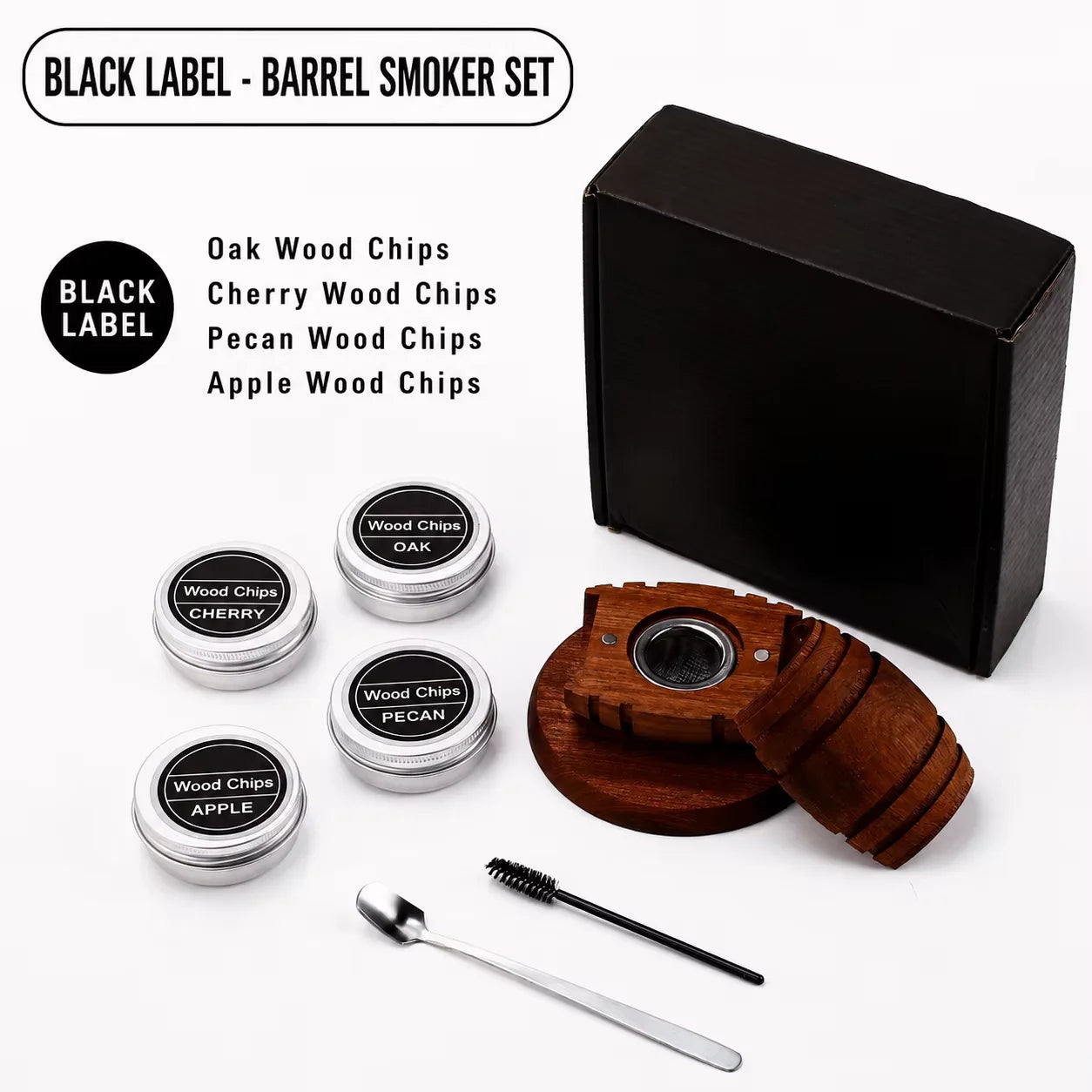 Whiskey Smoker Kit With 4 Flavors Wood Chips Wooden Barrel Design Infuser For Old Fashioned Bourbon Perfect Holiday Gift For Men