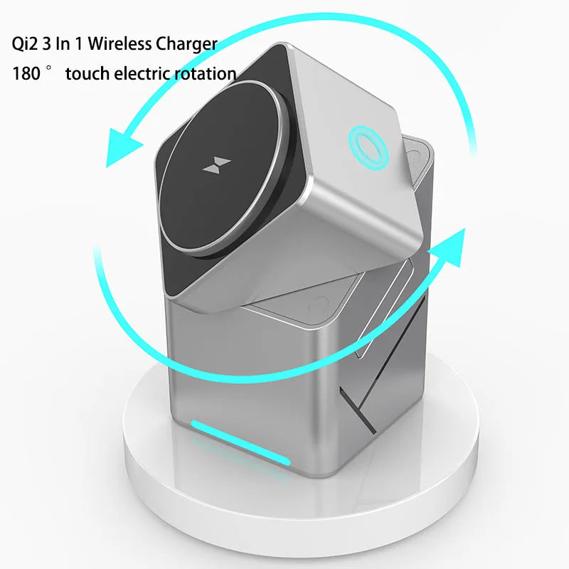 2025 Desktop Portable  Qi2 Phone Wireless Fast Charging Stand Magnetic Foldable 3 in 1 Cube Wireless Charger Dock