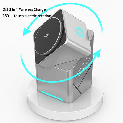 2025 Desktop Portable  Qi2 Phone Wireless Fast Charging Stand Magnetic Foldable 3 in 1 Cube Wireless Charger Dock